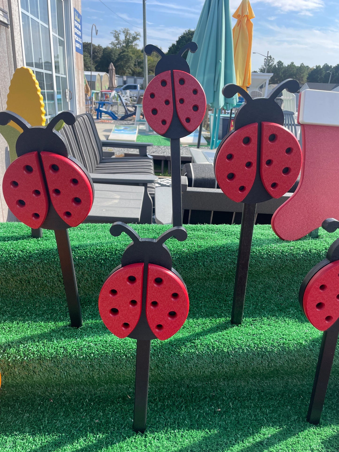 Poly Ladybug Yard Stake with Black Stake - Amish Made Garden Decoration - Ladybug that won't fly away home! Red Ladybug Garden Stake.