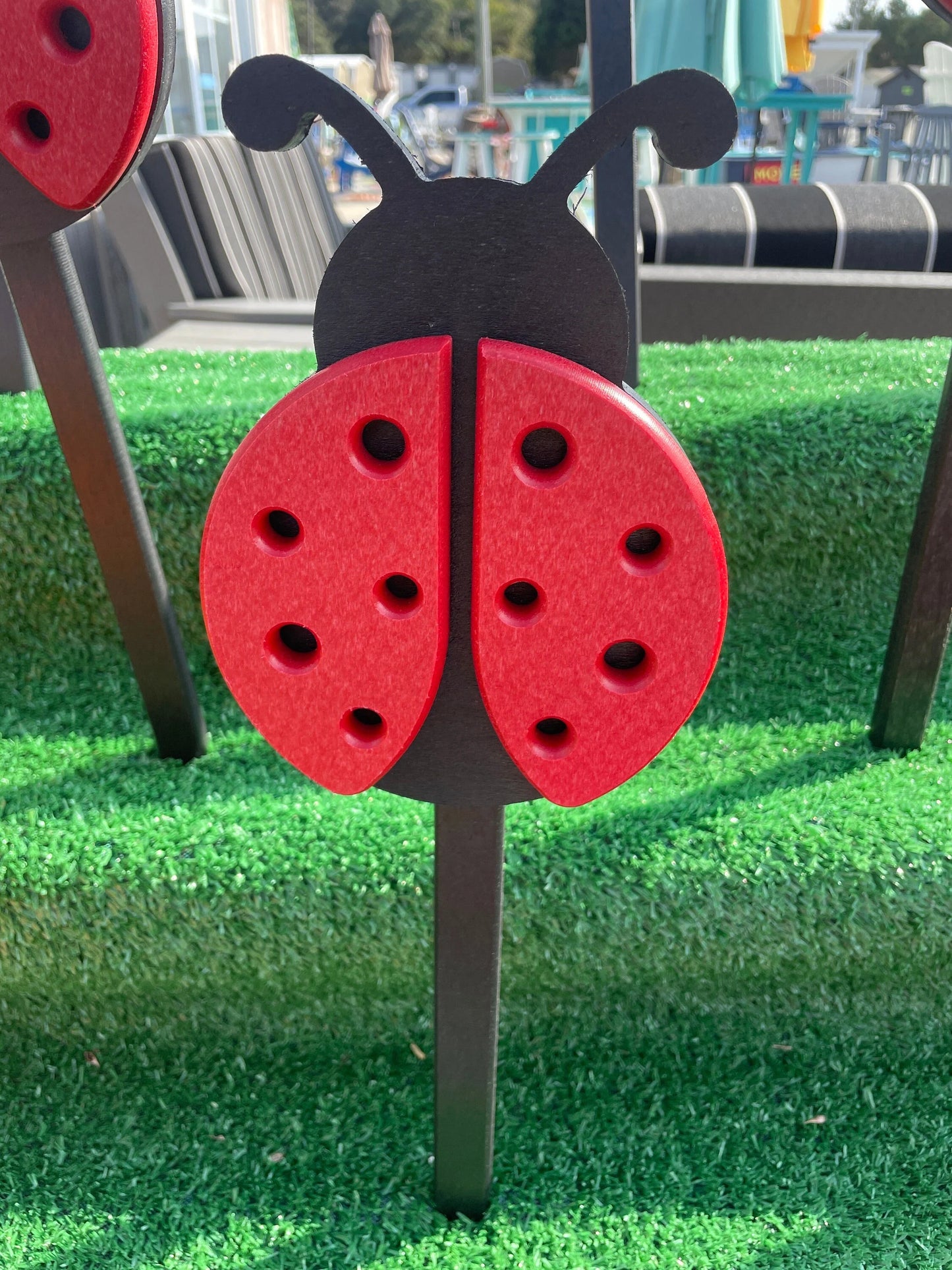 Poly Ladybug Yard Stake with Black Stake - Amish Made Garden Decoration - Ladybug that won't fly away home! Red Ladybug Garden Stake.